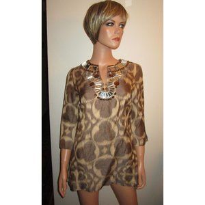 New TORY BURCH 4 Silk Blend Blouse Tunic S Jewel Mirror Beaded Boho Amber Brown